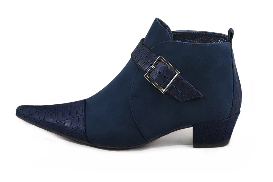 French elegance and refinement for these navy blue dress booties, with buckles at the front, 
                available in many subtle leather and colour combinations. You can personalise it with your own materials and colours.
Its large strap gives it a lot of confidence and will allow you a good support.
With dress trousers or jeans, or with a skirt for the most daring.
For fans of pointed toes.  
                Matching clutches for parties, ceremonies and weddings.   
                You can customize these buckle ankle boots to perfectly match your tastes or needs, and have a unique model.  
                Choice of leathers, colours, knots and heels. 
                Wide range of materials and shades carefully chosen.  
                Rich collection of flat, low, mid and high heels.  
                Small and large shoe sizes - Florence KOOIJMAN